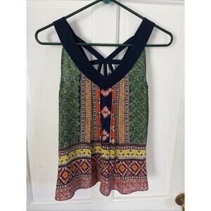 Anthropologie Maeve 100% Silk Peplum Top 0 Colorful Boho Geometric Hippie Summer